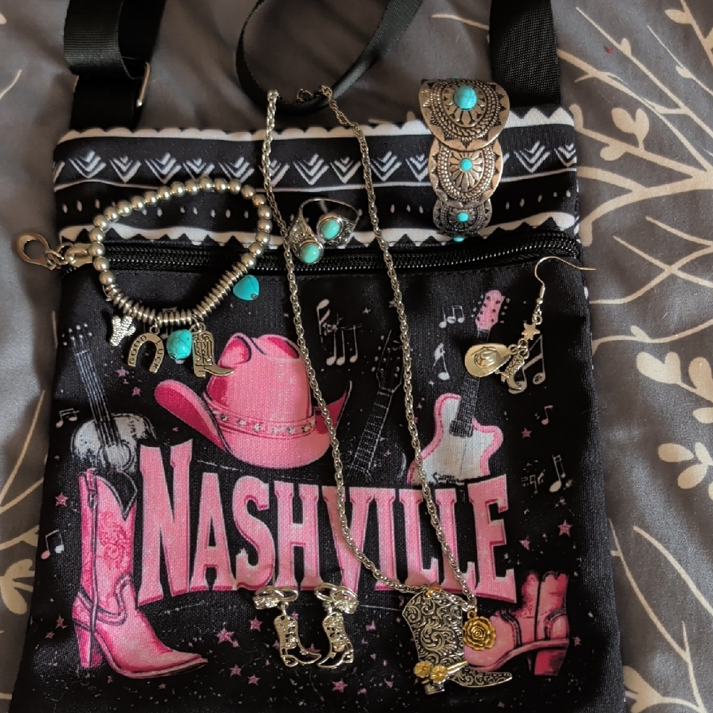 10 Piece Nashville Turquoise Silver Boot Purse Necklace Bracelet Earrings Ring